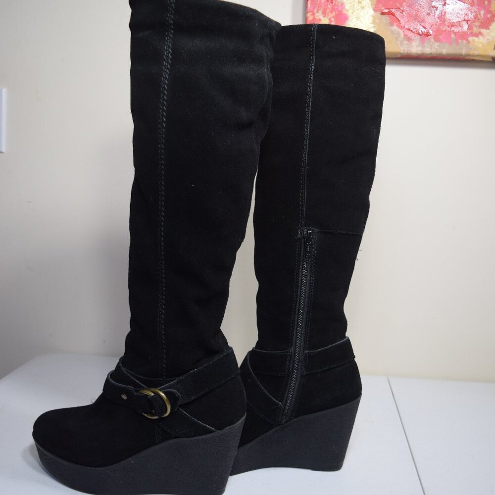 ALDO Black Suede Wedge Platform Long Boots, Sherpa lined Size 38